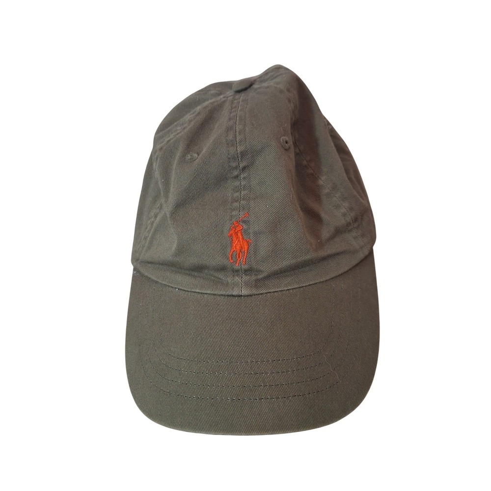 Vtg y2k Polo Ralph Lauren Olive Green Baseball Cap Orange Pony Logo Dad Hat